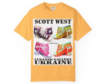 Unisex Garment-Dyed T-shirt with Bright Colored Tennis Shoes Painting, Purple, Yellow, Pink, Orange, Watercolor Washes, Acrylic Textures,