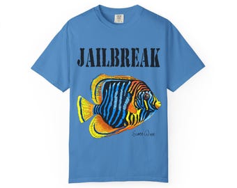 Retro Classic Maldives Surf T-shirt, Vintage JAILBREAK surfing Shirt, Electric Blue Beachy Attire, Yellow Beach Wear, Coastal Vibes Clothing