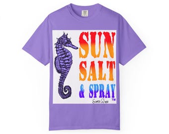 Sun Salt & Spray Vibrant Beach Vibes T-Shirt, Unisex Garment-Dyed Tee, Summer Apparel,  Purple Seahorse, Gift for Ocean Lovers, Casual Wear