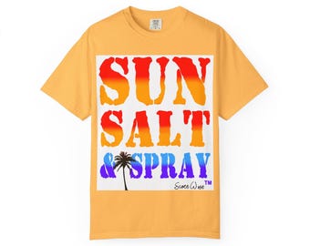 Vibrant Sun Salt Spray Summer Beach T-shirt, Tropical Beach Pastels, Ocean Vibe, Orange Yellow Blue Purple Unisex Tee, Summer Apparel,