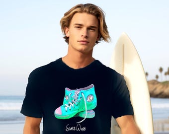 Converse Bright Aqua Hi Tops Style Sneakers T-Shirt, Scott West's Acrylic Watercolor Painting Print "Chucks" Tee Shirt