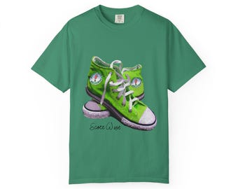 Converse Bright Green T-Shirt Hi Tops Style Sneakers Shoes, Scott West's Green Chuck Taylor Style TShirt Watercolor Shoe Painting, "Chucks"