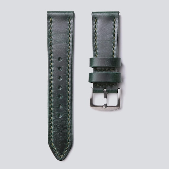 Forest green handmade leather watch strap