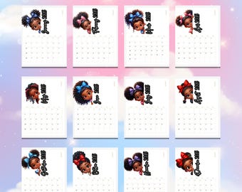 May include: Printable calendar for 2025 featuring a different illustration of a Black girl with colorful bows for each month.