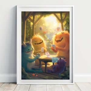 Poster Fine Art Print - kleine Monster spielen Karten auf Hahnemühle Photo Rag