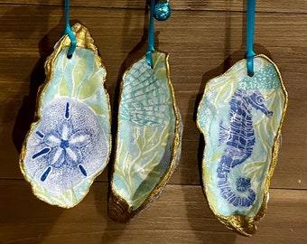 Aqua Coastal Sea Life Decoupage Oyster Shell Ornaments