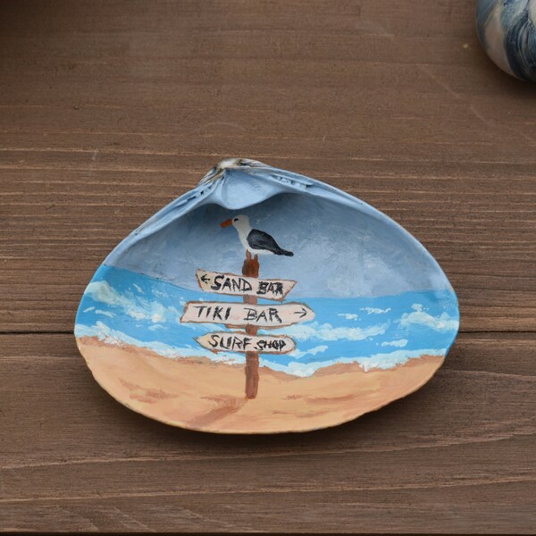 Hand Painted Beach Sign with Seagull on Clam Shell