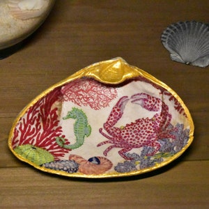 Coastal Crab Decoupage Clam or Oyster Shell