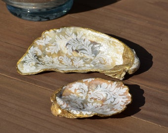 White Damask Decoupage Oyster Shell