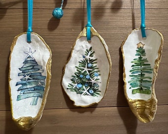 Coastal Christmas Tree Decoupage Oyster Shell Ornaments