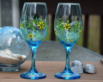 Hand Painted Yellow Daisy Floral Wine Glasses
