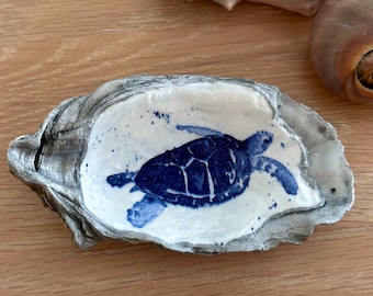 Navy Blue Sea Turtle Decoupage Oyster Shell