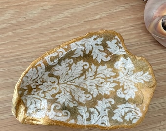 White Damask on Gold Decoupage Oyster Shell