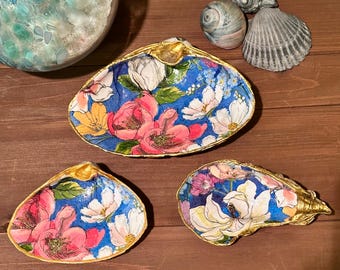 Pink, White, Gold and Blue Floral Decoupage Clam or Oyster Shell
