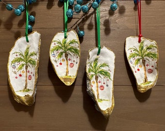 Christmas Palm Tree Decoupage Oyster Shell Ornament