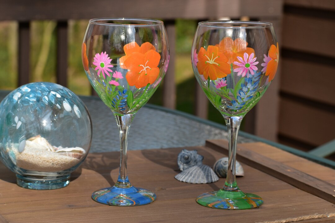Hand Painted Floral Wine Glasses Etsy