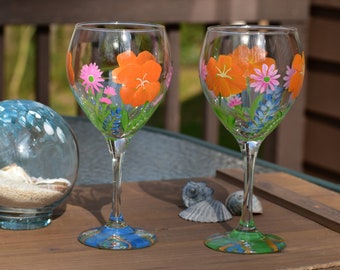 Hand Painted Floral Wine Glasses