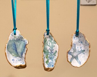 Coastal Sea Life Decoupage Oyster Shell Ornaments (set of 3)