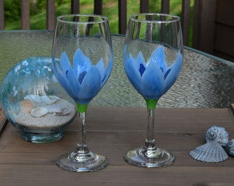 Hand Painted Blue Flower Wine Glasses