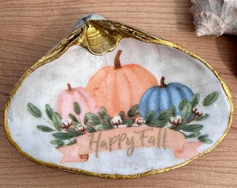 Happy Fall Colorful Pumpkins Decoupage Clam Shell