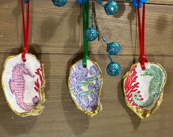 Colorful Seahorses and Fish Decoupage Oyster Shell Ornaments (set of 3)