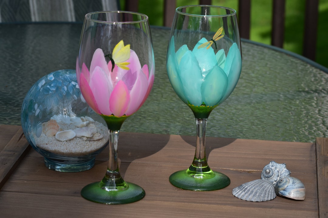 Hand Painted Pink and Blue Flower Wine Glasses Etsy