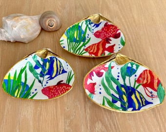 Colorful Tropical Fish Decoupage Clam Shell
