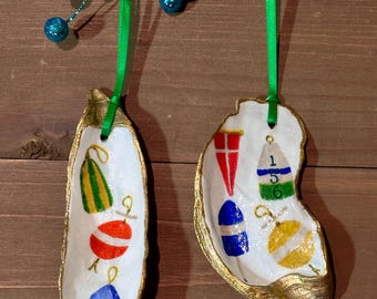 Colorful Fishing Buoys Decoupage Oyster Shell Ornament