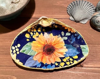 Sunflower Decoupage Clam or Oyster Shell