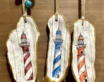 Colorful Lighthouse Decoupage Oyster Shell Ornaments