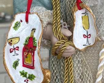 Cheers! Champagne Bottle and Glasses  Decoupage Oyster Shell Ornaments
