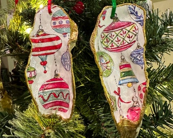 Colorful Christmas Ornaments Decoupage Oyster Shell Ornament