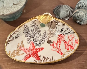 Coastal Orange Starfish Decoupage Clam Shell