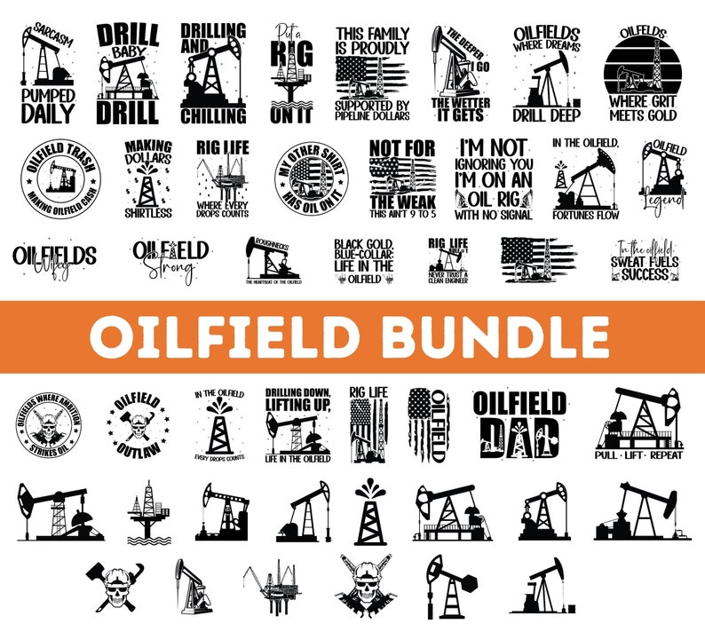 May include: A collection of 28 black and white oilfield-themed SVG designs. The designs feature oil rigs, derricks, and other oilfield equipment, along with text such as "Drill Baby Drill", "Oilfield Strong", and "Rig Life".