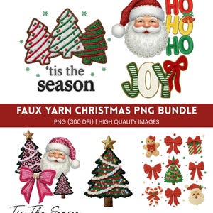 May include: A festive digital art bundle featuring Christmas elements. The image showcases Santa Claus, Christmas trees, bows, and the phrases "HO HO HO" and "JOY". The words "'tis the season" are also included. The graphics are designed in a faux yarn style.