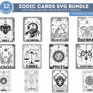 Zodiac Cards Bundle, Zodiac Cards SVG, Tarot Cards Svg, Zodiac Svg, Astrology Svg, Tarot Card Svg, Horoscope Svg, Zodiac Signs Png,