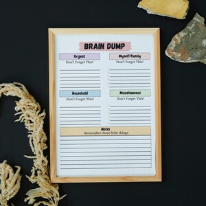 May include: A printable brain dump checklist with sections for urgent tasks, household chores, personal and family matters, and miscellaneous items. The checklist includes the text "Don't Forget This!" in each section. There is also a section for notes with the text "Remember these little things".