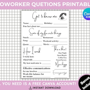 Editable Coworker Questions, Printable All About Me Employee Questionnaire, Employee Appreciation, Gift Exchange Team Survey Favorites List
