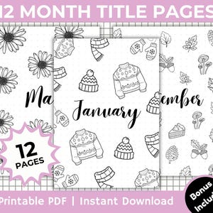 Editable 12 Month Title Pages, 12 Month Cover Pages, Printable Title Pages, Planner Title Page, Monthly Journal  Page, Planner Cover Page