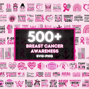 Pacote com mais de 500 designs SVG de câncer de mama, SVG de câncer de mama, PNG de sobrevivente de câncer, sublimação de citação de luta, conscientização sobre o câncer, PNG de fita rosa