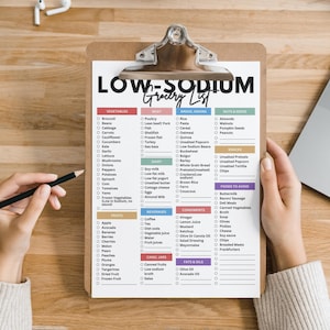 May include: A clipboard with a checklist titled "Low-Sodium Grocery List" with categories for vegetables, poultry, grains, nuts & seeds, dairy, beverages, vinegar, condiments, canned jars, fats & oils, and foods to avoid. The list is organized with checkboxes next to each item.