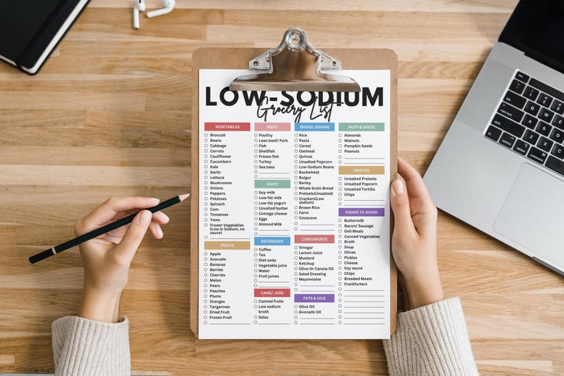 May include: A clipboard with a checklist titled "Low-Sodium Grocery List" with categories for vegetables, poultry, grains, nuts & seeds, dairy, beverages, vinegar, condiments, canned jars, fats & oils, and foods to avoid. The list is organized with checkboxes next to each item.