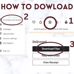 Pu&ograve; includere: Uno screenshot di un sito web Etsy che mostra come scaricare file digitali. I passaggi sono numerati da 1 a 3. Il passaggio 1 mostra come accedere ai tuoi acquisti. Il passaggio 2 mostra come accedere alle impostazioni del tuo account. Il passaggio 3 mostra come scaricare i file.