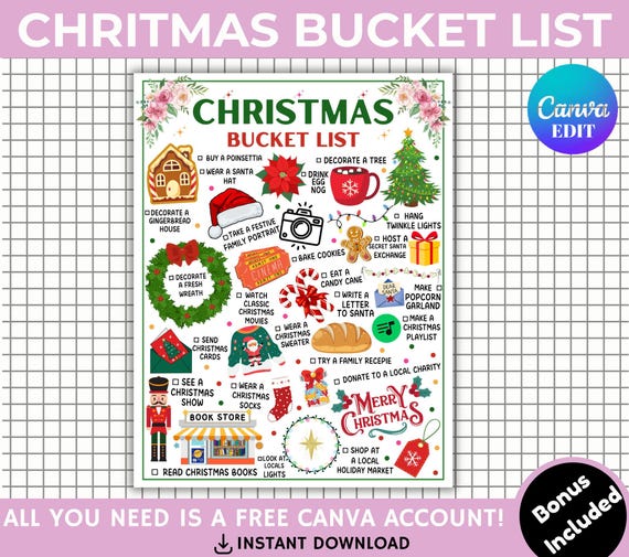 Christmas Bucket List Printable, Winter Bucket List Template, Christmas Activity Checklist, Family Fun List, Holiday Bucketlist, Editable