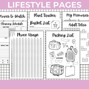 Peut inclure: Plusieurs pages de style de vie en noir et blanc, dont une liste de colisage, un suivi de l'utilisation du t&eacute;l&eacute;phone et une liste de films. Les pages sont reli&eacute;es par une spirale et pr&eacute;sentent des illustrations et du texte dessin&eacute;s &agrave; la main.