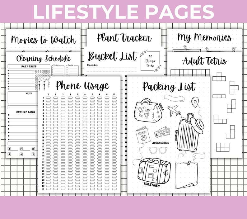 Peut inclure: Plusieurs pages de style de vie en noir et blanc, dont une liste de colisage, un suivi de l'utilisation du t&eacute;l&eacute;phone et une liste de films. Les pages sont reli&eacute;es par une spirale et pr&eacute;sentent des illustrations et du texte dessin&eacute;s &agrave; la main.