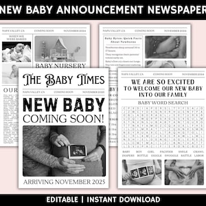 New Baby Announcement Newspaper Template, Baby On the Way Pregnancy Reveal Custom Newspaper Template for Baby Shower, Large newspaper