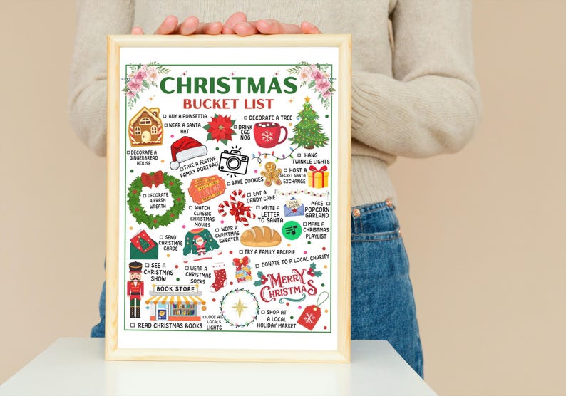 Pu&ograve; includere: Una stampa incorniciata della lista dei desideri di Natale. L'elenco include attivit&agrave; festive come decorare un albero, cuocere biscotti e scrivere lettere a Babbo Natale. Le parole "Christmas Bucket List" sono in alto, su sfondo beige.