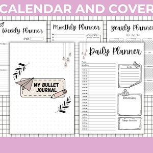 Peut inclure: Ensemble de pages de planificateur imprimables avec un fond de grille rose clair et blanc. Les pages comprennent un planificateur hebdomadaire, mensuel, annuel et quotidien. La couverture du bullet journal est blanche avec une illustration d'avion en papier et de crayon.