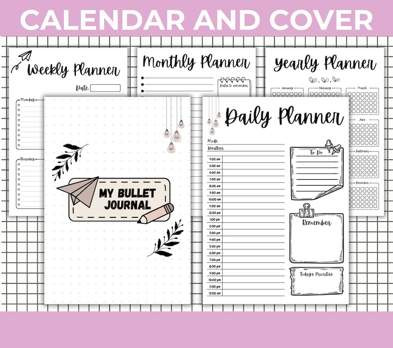 Peut inclure: Ensemble de pages de planificateur imprimables avec un fond de grille rose clair et blanc. Les pages comprennent un planificateur hebdomadaire, mensuel, annuel et quotidien. La couverture du bullet journal est blanche avec une illustration d'avion en papier et de crayon.